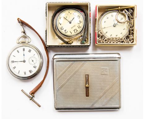 Chrome plated 20th Century pocket watches and chain/leather straps Ingerson (2) and a Waltham together with a 1930's chrome p