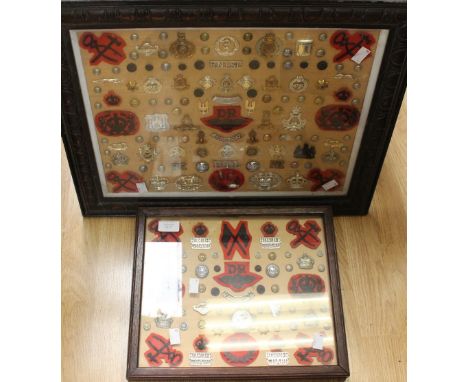  Two framed collections of post war Staybrite British Army, Commonwealth and Foreign cap badges, collar dogs, buttons and dre