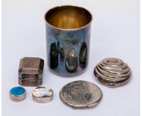 A sterling ring box and compact, both stamped BIRKS; a Mexican silver and paua shell oval box; a white metal compact; a silve