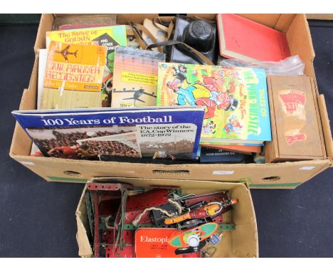 Two boxes of assorted games including the Action Man game, Monopoly, Meccano, various books, camera, negatives etc (2 boxes)