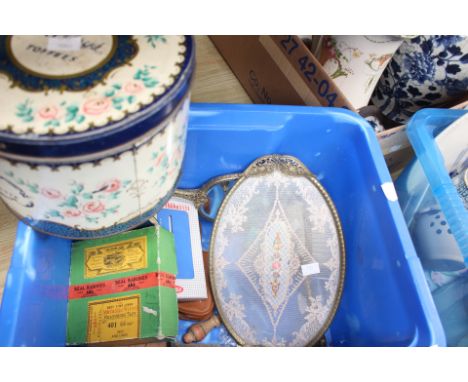 Collection of items in mid 20th Century tins early to mid 20th Century ceramics, Chinese blue and white vase, tray, brush, me