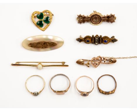 A collection of mixed jewellery items including Victorian 9ct gold and gilt metal brooches including a Mizpah version, an opa