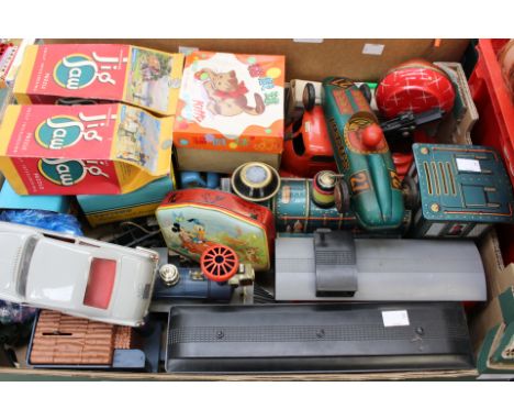 Collection of assorted toys including 3 Wells Brimtoy trucks (Kwik window cleaners, Toytown painters, RAF lorry), Triang lorr