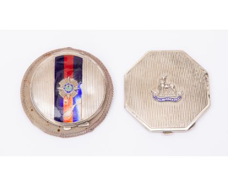 Two WW2 British Silver Sweetheart powder compacts: One Scots Guards with enamel finish A/F in felt cover: another with Royal 