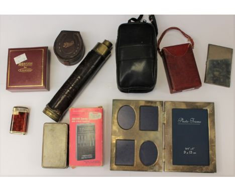 Mixed lot to include 19th Century telescope A/F, vintage leather collar box and collars, plated card case, Ronson lighter, ca