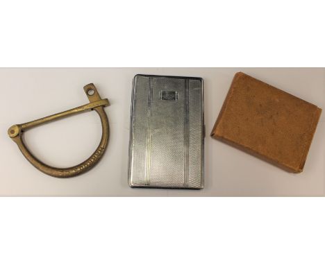 Early 20th Century motoring goggles, cigarette case and Harrods brass lock