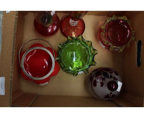 Cranberry glass, small oil lamp, flash glass powder bowl and cover, Gourd squat glass bowl with handle, Bohemian glass vase, 