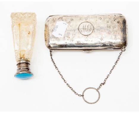 Guilloche blue silver enamel top perfume bottle Birmingham 1922, silver ladies purse with chain and loop, possibly Birmingham