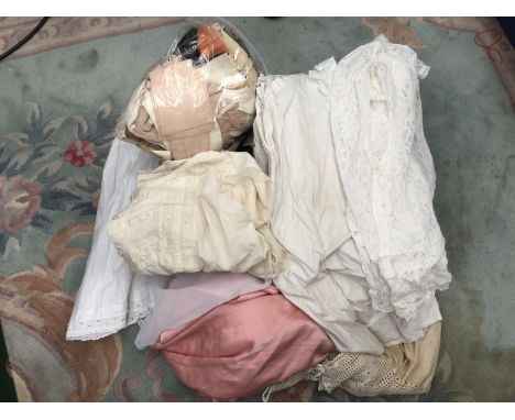 A box of lace and under garments, including a 1920's camisole top, small sequins added later!; a cotton Edwardian cami top; a