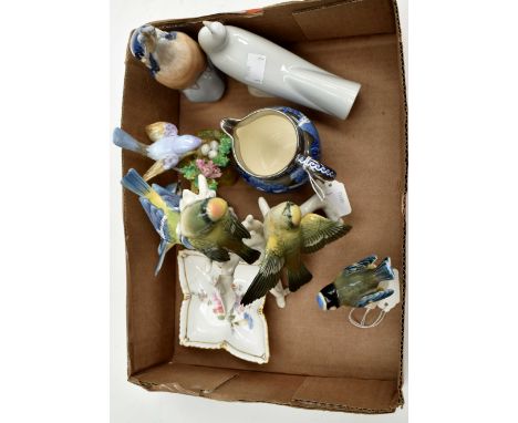 A Royal Copenhagen Kingfisher, Royal Worcester blue dish, a Hummel blue tit, a Continental porcelain branch with "tits" toget