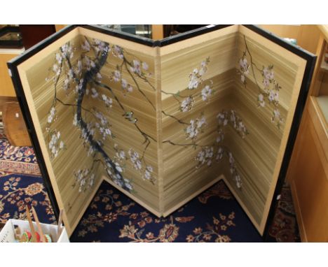 Two painted silk screens, Chinese Republic cherry blossom and bird, floral to include stool etc