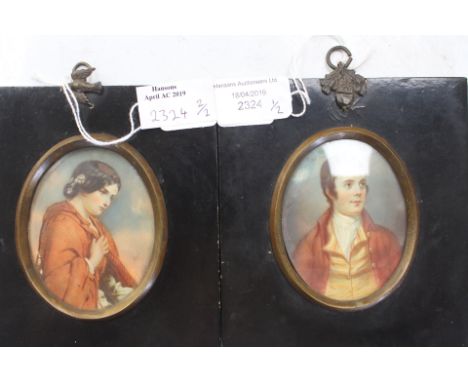 A pair of 19th Century hand painted portrait miniatures, depicting a lady in a shawl, and a young gentleman in a waistcoat