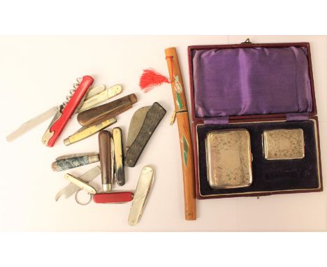 Collection of early 20th Century pen knives, cigarette case and card case