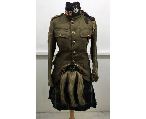 A 1922 pattern, Inter War period, Seaforth Highlanders tunic, kilt, sporran, spats, socks, glengarry, and tam o’ shanter.A fa