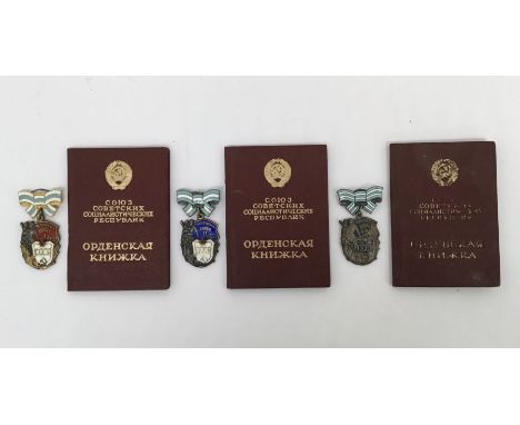 3 examples of Soviet Russian Order of Maternal Glory, in 1st class, 2nd class, and 3rd class.To include: a First Class exampl