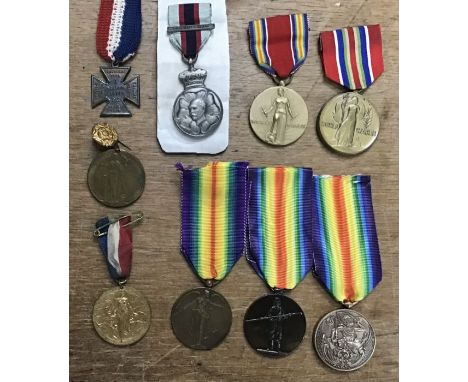 Collection of repro WW1 Victory Medals of Siam, Japan &amp; Belgium, Two WW2 American Victory Medals one Army the other Marin