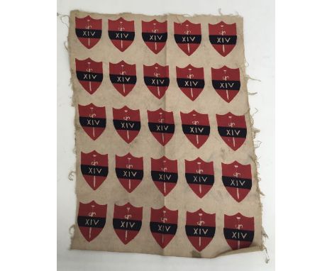 A scarce WW2 era unused strip of 14th Army screen printed formation signs.Heavy cotton fabric with black and red printed deta
