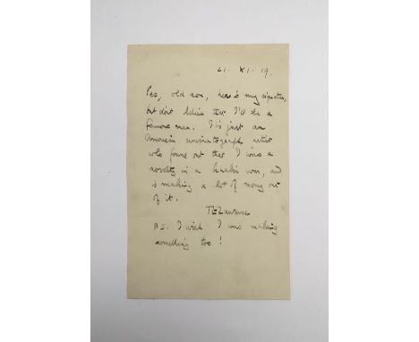 An original post WW1 letter, handwritten by T.E.Lawrence (1888-1935).Lawrence was written to by a young Boy Scout asking for 