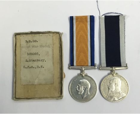 A Royal Navy WW1 / Long Service Pair awarded to 102085 Chief Petty Officer Edwin Stanbury.To include: the BWM and an Edwardia