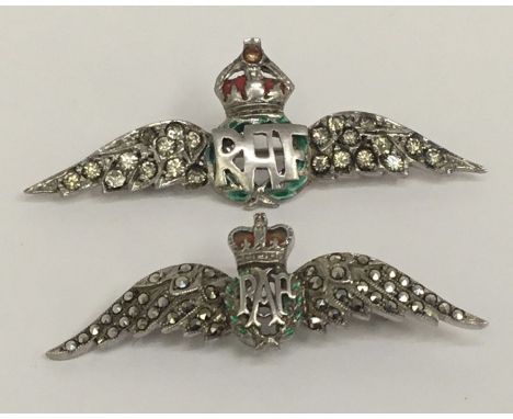 2 R.A.F. Silver sweetheart brooches.To include: a WW2 example, with enamel infill detailing, and set with paste stones to eac