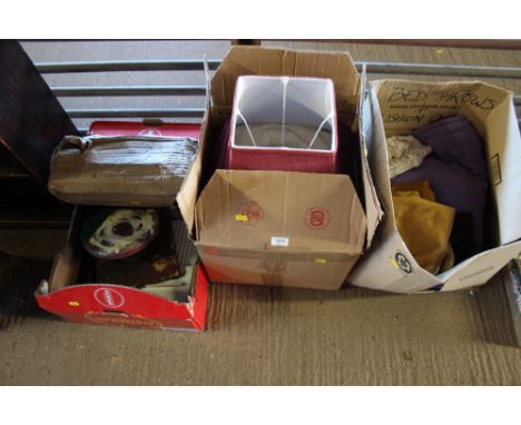 Three boxes of various lamp shades materials and other sundry items