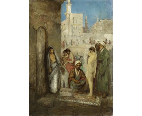 Maurycy Gottlieb (Polish, 1856-1879)Slave market in Cairo  indistinctly signed and dated 'M.GOTTLIEB/1877' (lower left)oil on