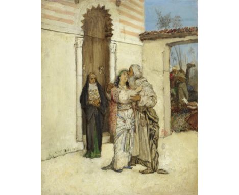 Maurycy Gottlieb (Polish, 1856-1879)Recha welcomes her father  signed and dated 'M.GOTTLIEB 1877'(lower left)oil on canvas33.