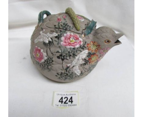 An oriental quail teapot, signed under lid.