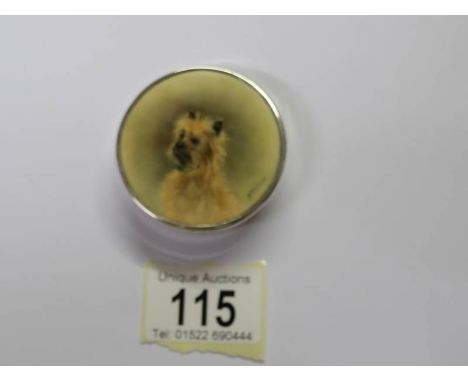 A hall marked silver compact with mirror, hand painted with a portrait of a terrier and signed S Stanley.