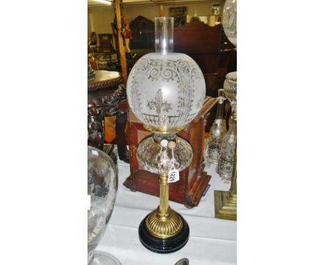 A Victorian parlour oil lamp, 1860-1890.  A lovely 'Lens Cut' glass vessel, sitting on a reeded pillar with matching reeded b