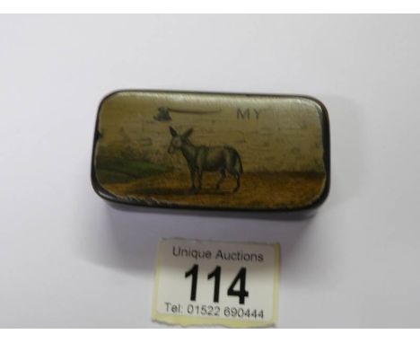 A humorous Victorian snuff box 'Axe My Ass'.