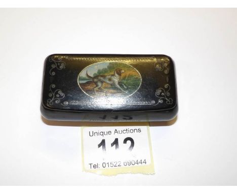 A good antique snuff box with painting of a hound on lid.