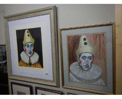 A 1970's signed oil on board of a clown by Maurice Falkiner together with the preliminary sketch.