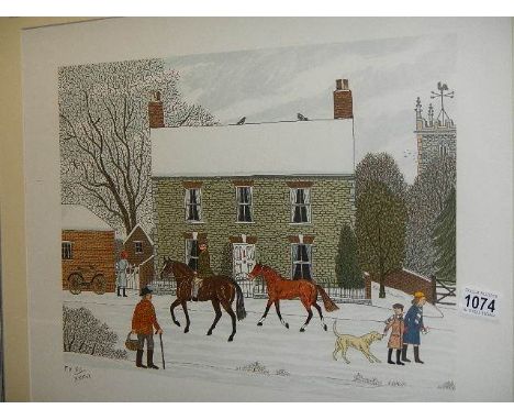 A pencil signed limited edition, 12/36, French artist proof lithograph of a village winter scene with horses and figures by V