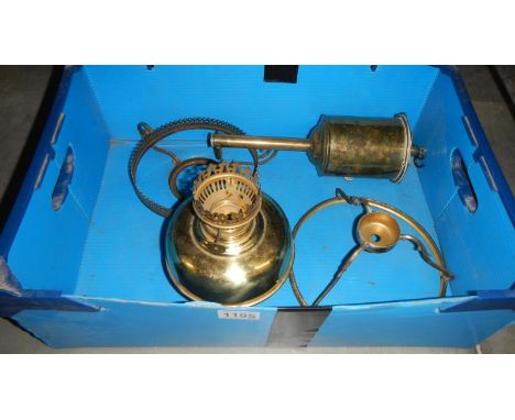 A Victorian brass meat jack and miscellaneous lamp parts.