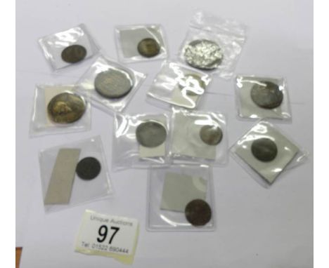 12 assorted tokens including 1666 Andover half penny, 1792 Wilkinson half penny, 1811 penny token, 1867 Kibble's watch token 