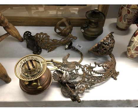 2 wall mounting brass oil lamps with font and a brass gas lamp bracket.