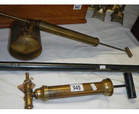 A brass Wikeham weed eradicator, a brass sprayer and one other item.