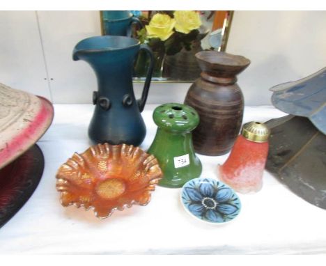 An art glass jug, carnival glass bowl, lamp shade etc.,