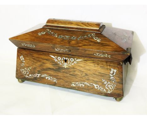 A mother of pearl inlaid sarcophagus shaped tea caddy (missing liners and lids).