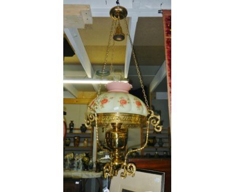 A reproduction hanging lamp with huge faux Queens Burmese shade &amp; tall chimney, smoke bell &amp; ceiling rose