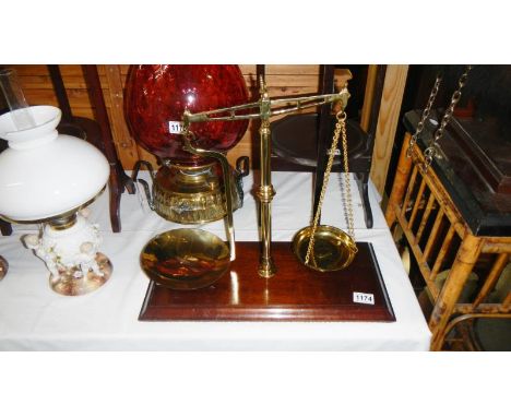 A set of Victorian Avery shop scales on a timber base.  This complete set has been professionally refurbished by Antique Reno