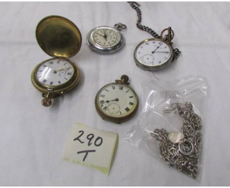 A quantity of pocket watches for spares or repair including Centre Seconds Sports Recorder in working order and watch chains.