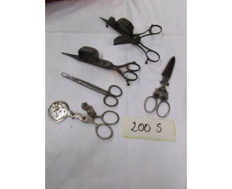 A quantity of Victorian oil lamp wick cutters and other scissors.