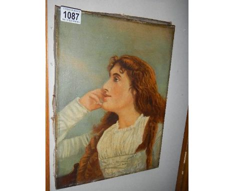 An unframed portrait painting of a 'Pensive Lady',  28 x 38 cm.