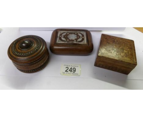 3 small treen boxes including oak pin box, mother of pearl inlaid box and inlaid snuff box.