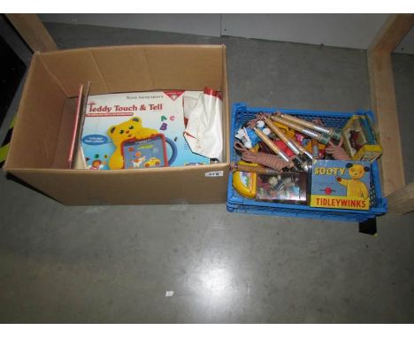 2 boxes of vintage toys including skipping ropes, Sooty Tidley Winks, Chad Valley and other toys.