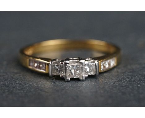 Diamond 18ct yellow and white gold ring, three stepped graduated princess cut diamonds, the largest measuring approx 2.8 x 2.