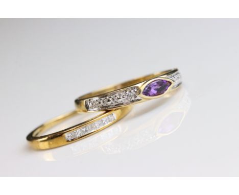 Amethyst and diamond 9ct yellow and white gold set ring, marquise cut amethyst, collet setting, small round eight cut diamond