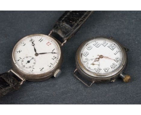 Early 20th century silver wristwatch, white enamel dial with Arabic numerals and subsidiary seconds dial together with anothe